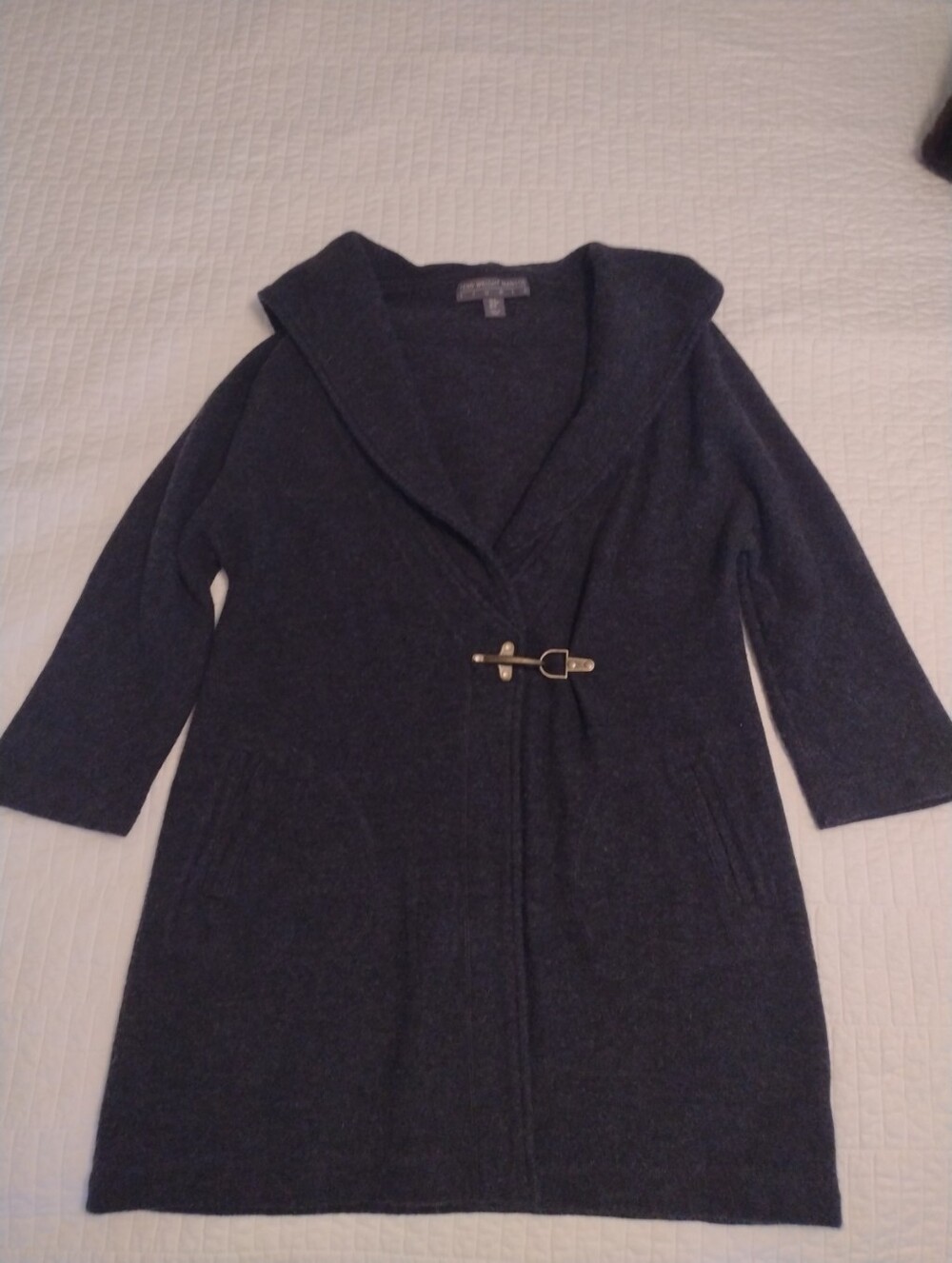 New Fenn Wright Manson 100% Wool Women M Cardigan Sweater Hood 3/4 Slv Dk Grey